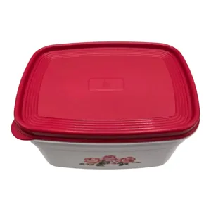 Cutie alimentară dreptunghiulară din plastic, 1,7 L, cu capac roșu și model floral cu trandafiri