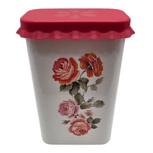 Cutie alimentară dreptunghiulară din plastic, 2,5 L, cu capac roșu și model floral cu trandafiri