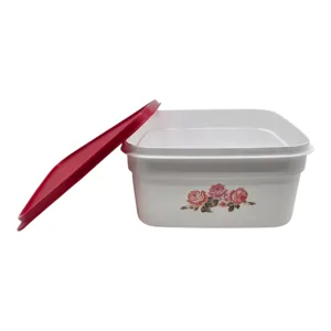 Cutie Alimentară Pătrată din Plastic cu Capac, Model Trandafiri, 2,5 L