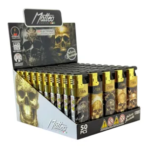Set 50 brichete electronice Matteo Gold Skull, flacără soft flame, brichete reîncărcabile, model decorativ craniu