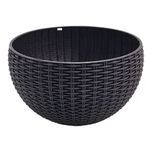 Ghiveci pentru Flori Rotund cu Aspect Ratan, Jardinieră Decorativă pentru Interior și Exterior, Culoare Neagră