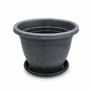 Ghiveci pentru Flori 30x24 cm cu Farfurie, Vas Decorativ pentru Plante de Interior și Exterior, Design Clasic Negru Marmorat