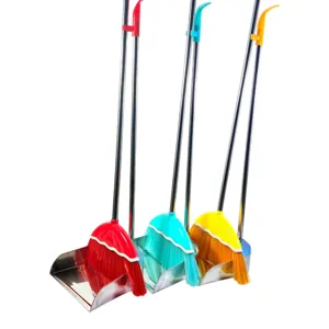 Set mătură cu făraș cu mâner lung, perie roșie cu peri denși și făraș transparent, design vertical pentru curățenie rapidă