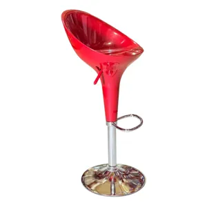 Scaun de bar reglabil cu spătar, șezut din plastic, bază metalică cromată, culoare roșu, pentru uz interior
