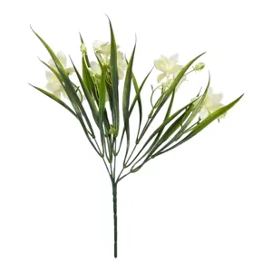 FLOARE ARTIFICIALĂ DECORATIVĂ CU FLORI ALBE ȘI FRUNZE VERZI, RAMURĂ PENTRU ARANJAMENTE FLORALE, VAZE ȘI DECOR INTERIOR