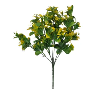 FLOARE ARTIFICIALĂ DECORATIVĂ CU FRUNZE VERZI BICOLOR ȘI ACCENTE GALBENE, RAMURĂ ORNAMENTALĂ PENTRU ARANJAMENTE FLORALE, VAZE ȘI DECOR INTERIOR