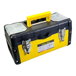 Trusă scule tip cutie din plastic și metal cu tavă interioară și cleme metalice