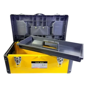 Trusă scule tip cutie din plastic și metal cu tavă interioară detașabilă și cleme metalice