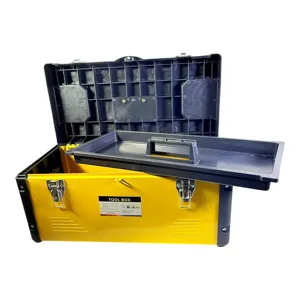 Trusă scule tip cutie din plastic și metal cu tavă interioară detașabilă și cleme metalice