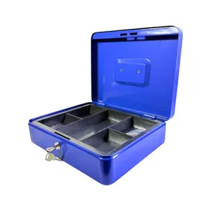Cutie de bani metalică cu cheie și mâner superior pentru numerar și valori, format mare 300 x 240 x 90 mm, culoare albastră