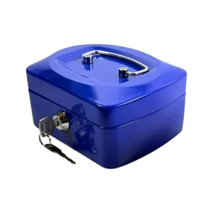 Cutie de bani metalică neagră cu cheie și mâner superior pentru numerar și valori, dimensiune compactă 155 x 122 x 80 mm