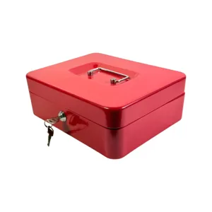 Cutie de bani metalică cu cheie, organizator interior pentru numerar și monede, seif portabil roșu, 250 x 200 x 90 mm