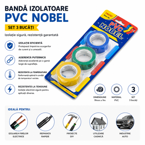 Set 3 Benzi Izolatoare PVC 19 mm x 9 m, Bandă Electrică pentru Izolație și Protecție Cabluri, Disponibil în Mai Multe Culori