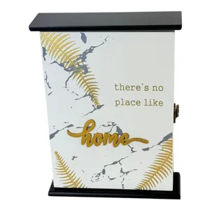 Cutie pentru chei din lemn și metal, cu ușă și mesaj decorativ Home, pentru montare pe perete