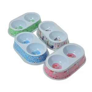 Castron Dublu din Plastic pentru pisici – Design Atractiv cu Căței, Ideal pentru Hrană și Apă, Disponibil în Mai Multe Culori