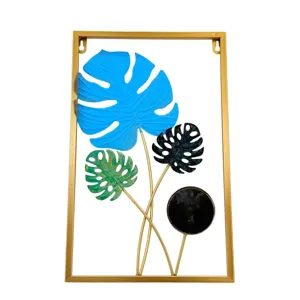 Tablou Metalic Decorativ cu Frunze Tropicale Monstera – Design Modern în Culori Vibrante cu Ramă Aurie, Decorațiune de Perete pentru Living sau Birou