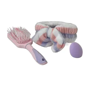 Set Accesorii Beauty 3 piese – Perie de Păr, Burete de Machiaj și Bentiță Pufoasă, Disponibil în Mai Multe Culori
