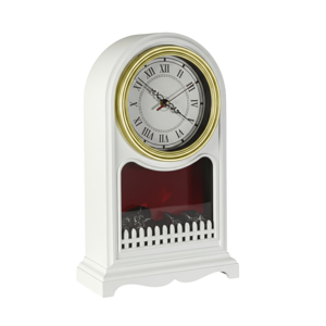 Șemineu Decorativ cu Ceas Electric LED – Model Alb, Plastic și Sticlă, Efect Flacără Realistă, Design Clasic