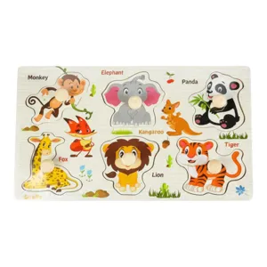 Puzzle din lemn cu animale, placă cu piese individuale cu mâner