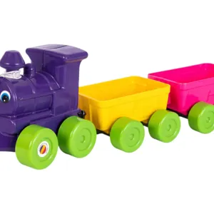 Trenuleț de jucărie Playville cu locomotivă și 2 vagoane – Set tren din plastic cu roți, trenuleț copii colorat pentru joacă și transport jucării