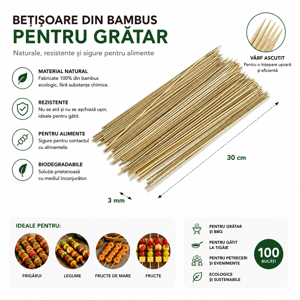 Set 100 Bețe din Bambus pentru Frigărui 30 cm, Bețe pentru Grătar și BBQ, Vârf Ascuțit pentru Gătit și Servire