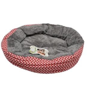 Culcus pentru animale de companie, pat rotund pufos, interior moale plusat, margini inalte, design textil cu model zig-zag, culoare gri