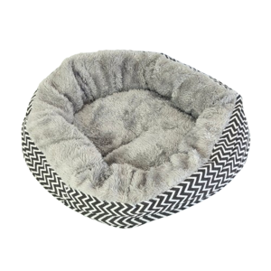 Culcus pentru animale de companie, pat rotund pufos, interior moale plusat, margini inalte, design textil cu model zig-zag, culoare gri