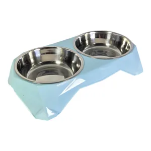 Bol dublu pentru hrană animale cu suport tip diamant și boluri din inox detașabile – Set hrănire câini și pisici pentru apă și hrană uscată sau umedă