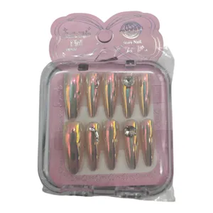Set 12 Unghii False Lungi cu Efect Metalizat Holografic și Strasuri Decorative