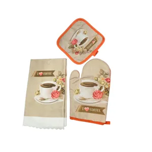 Set Mănușă și Suport Termorezistent pentru Bucătărie – Mănușă de Protecție la Căldură, Suport pentru Vase Fierbinți și Prosop de Bucătărie, Model Coffee