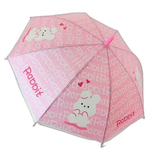 Umbrelă Roz pentru Copii cu Iepuraș și Inimioare – Design Jucăuș, Rezistentă la Ploaie
