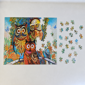 Puzzle 1000 Piese Bufnițe Colorate, Dimensiune 50 x 75 cm, Joc de Asamblare pentru Copii și Adulți, Imagine Decorativă cu Păsări și Elemente Florale