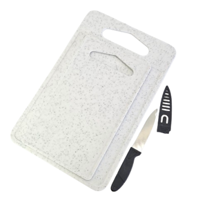 Set 2 tocătoare plastic cu mâner și cuțit bucătărie DUOGUO, 20x31 cm + 14.5x24 cm, grosime 0.5 cm + 0.3 cm, set complet tăiere alimente