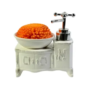 Dispenser Sapun Lichid din Ceramica cu Suport Burete, Model Baie, Pompa Plastic