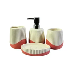 Set accesorii baie din ceramica 4 piese cu dozator sapun, suport periute si savoniera, design texturat bicolor, ceramica si plastic