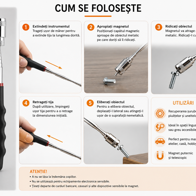 Colector Magnetic Telescopic Extensibil pentru Șuruburi și Obiecte Metalice