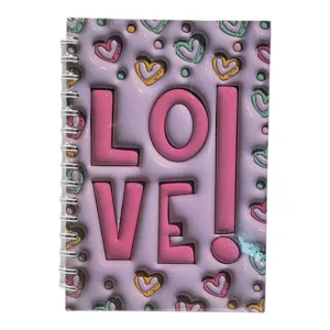 NOTEBOOK A5 CU 80 FILE, COPERTĂ 3D LOVE CU TRANDAFIR, SPIRĂ LATERALĂ, PENTRU NOTIȚE ȘI ȘCOALĂ