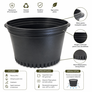 Ghiveci pentru Flori și Plante, Model Rotund din Plastic, Culoare Neagră, cu Orificii de Drenaj, Disponibil în Mai Multe Dimensiuni