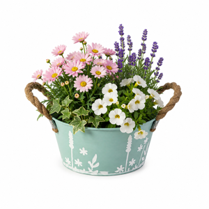 Ghiveci Metalic pentru Flori cu Mânere din Frânghie și Design Decorativ Floral