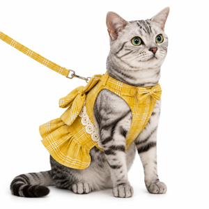 Lesă pentru Pisici cu Ham și Rochiță Elegantă în Carouri, Set Reglabil pentru Plimbare și Confort Animal de Companie