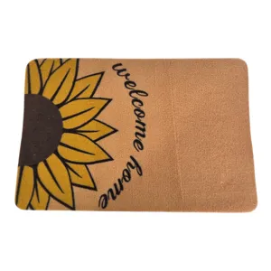 Covoraș de intrare 35x58 cm, preș decorativ antiderapant pentru ușă cu model floare și mesaj Welcome Home