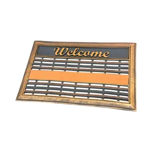 Covoraș intrare dreptunghiular Welcome 40 x 60 cm din PVC și poliester cu bandă centrală textilă și ramă decorativă aurie