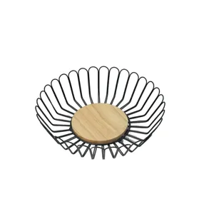 Cos Decorativ Metalic cu Baza din Lemn – 27×9 cm, Forma Joasa, Ideal pentru Servire sau Decor