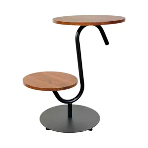 Masă de ceai cu două niveluri, blat rotund, structură metalică și lemn, design modern pentru living și birou