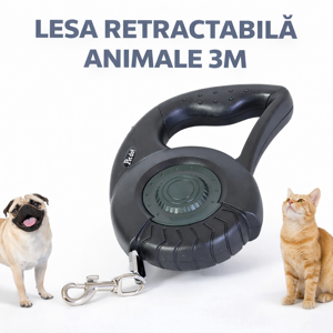Lesă Retractabilă pentru Animale 3M, Lesă Automată pentru Câini și Pisici, Sistem Retractabil cu Blocare, Mâner Ergonomic Antiderapant, Cârlig Metalic de Prindere, Ideală pentru Plimbări Zilnice