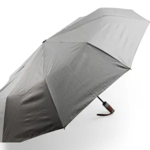Umbrelă Telescopică Gri cu Mâner din Lemn – Compactă, Rezistentă la Vânt, Pliabilă și Ușor de Transportat