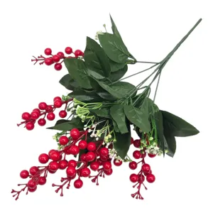 BUCHET ARTIFICIAL DECORATIV CU FRUNZE VERZI ȘI FRUCTE ROȘII, 40 CM, PENTRU VAZE ȘI ARANJAMENTE INTERIOARE
