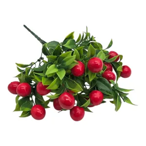BUCHET ARTIFICIAL DECORATIV 34 CM CU FRUCTE ROȘII ȘI FRUNZE VERZI, PENTRU ARANJAMENTE FLORALE ȘI DECOR INTERIOR