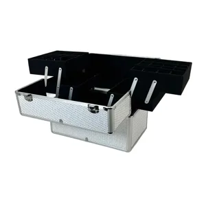 Cutie Machiaj Profesională Aluminiu, 35x21x29 cm, Cu Sertare Etajate și Compartimente, Ideală pentru Cosmetice și Accesorii, Disponibilă în Albastru, Roz și Alb