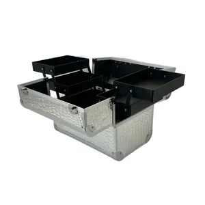 Cutie Machiaj Profesională Aluminiu, 32x22x26 cm, Compartiment Extensibil Multinivel, Disponibilă în Roz și Alb